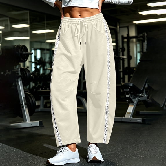 Women's Sweatpants Lace Trim Wide Leg Baggy Lounge Pants Khaki Drawstring Elastic Waist Sweat Pants Size 2XL