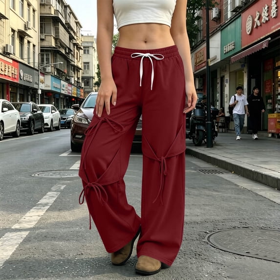 Women's Sweatpants Long Pants Baeitkot Women's Fashion Solid Color Loose Elastic Waist Drawstring Ankle-Tied Multi-Pocket Strap Sweatpants Long Pants Wine M