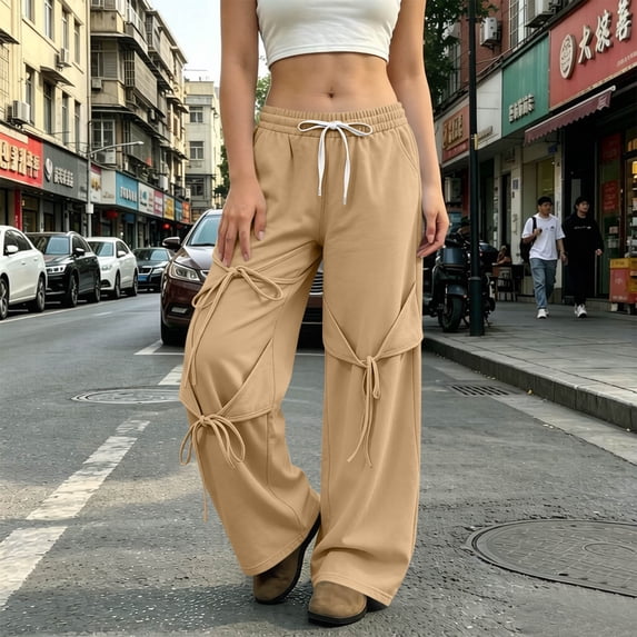 Women's Sweatpants Long Pants Baeitkot Women's Fashion Solid Color Loose Elastic Waist Drawstring Ankle-Tied Multi-Pocket Strap Sweatpants Long Pants Khaki M