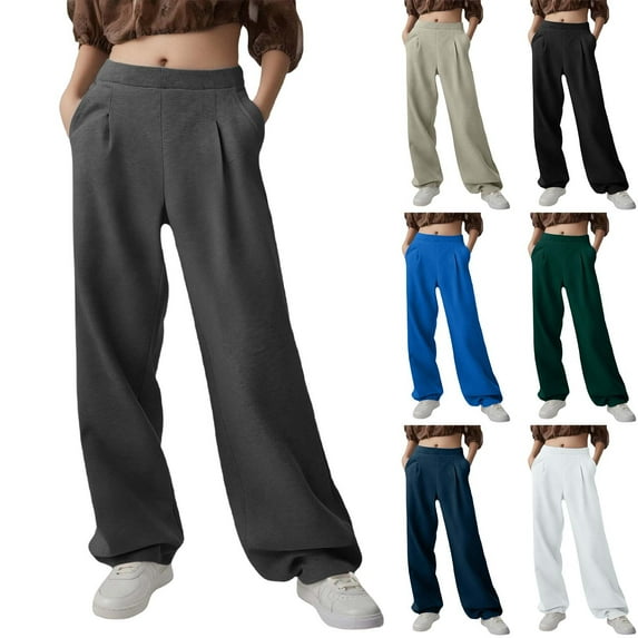 Women's Sweatpants Pants with Plus Size Solid Color Wide-leg Loose Straight Sweatpants With Pockets for Golf, Athletic,Travel, Work Dark Gray L