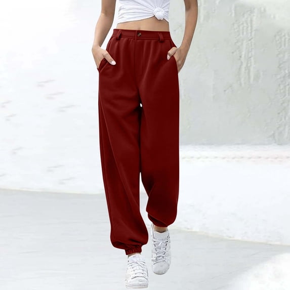 Women's Sweatpants Solid Color Button Zipper Elastic Waistband Cinch Bottom Casual Sports Pants With Side Pockets (XXL, Wine)