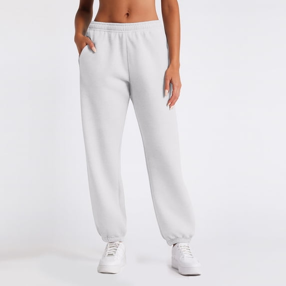 Women's Sweatpants, Solid Color High Waist Loose Fit Casual Track Pants, Sporty Lounge Pants for Gym, Errands or Relaxation, White M