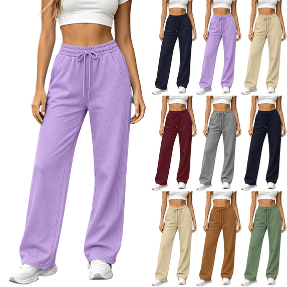 Women's Sweatpants Solid Color Straight Leg Lightweight Pants Casual Athleisure High Waist Baggy Drawstring Trousers