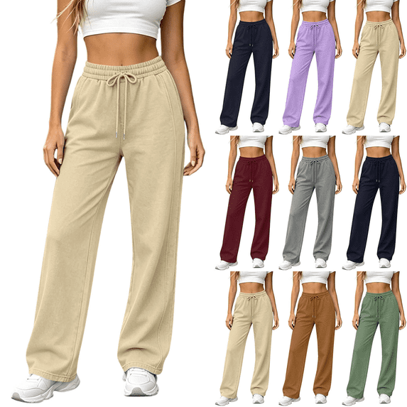 Women's Sweatpants Solid Color Straight Leg Lightweight Pants Casual Athleisure High Waist Baggy Drawstring Trousers