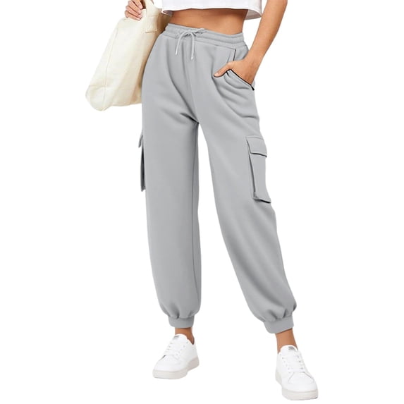 Women's Sweatpants Solid Elastic Waist Cuffed Cargo Joggers with Pockets Gray XL