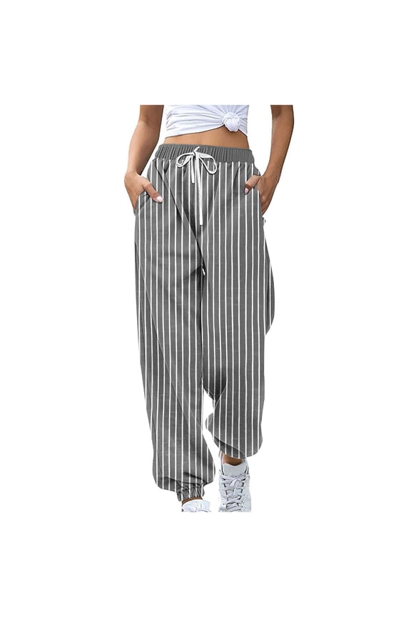 Women's Sweatpants Striped Print Casual Loose Drawstring Elastic Waist Wide Leg Jogger Pants With Side Pockets (S, Dark Gray)