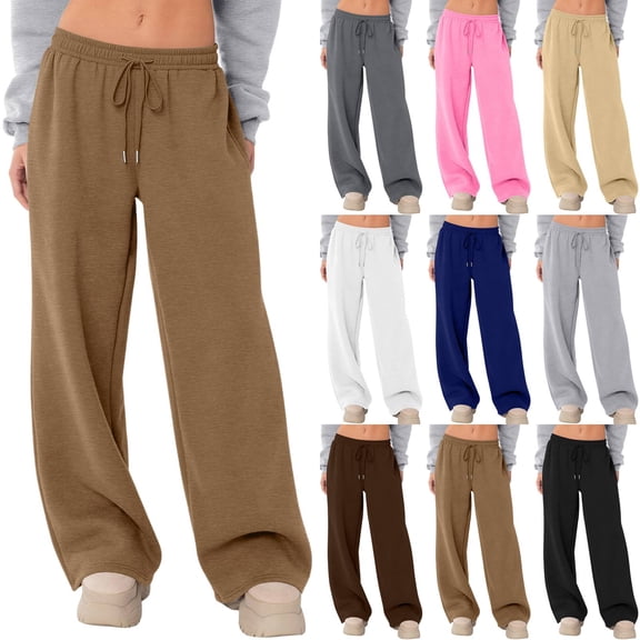 Women's Sweatpants Wide Leg Fleece Lined Sweat Pants Fall Winter Clothes 2026 Baggy Drawstring Joggers with Pockets Khaki 2XL