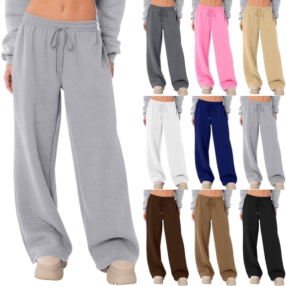 Women's Sweatpants Wide Leg Fleece Lined Sweat Pants Fall Winter Clothes 2026 Baggy Drawstring Joggers with Pockets Light Gray XL