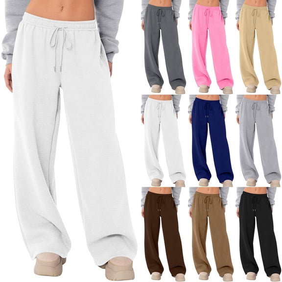 Women's Sweatpants Wide Leg Fleece Lined Sweat Pants Fall Winter Clothes 2026 Baggy Drawstring Joggers with Pockets White L