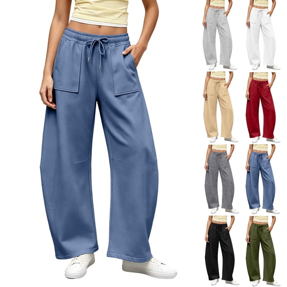 Women's Sweatpants Wide Leg High Waist Casual Baggy Joggers Drawstring Straight Leg Sweatpants with Large Patch Pockets Casual Pants With Drawstring Elastic Waistband Barrel Sweatpants