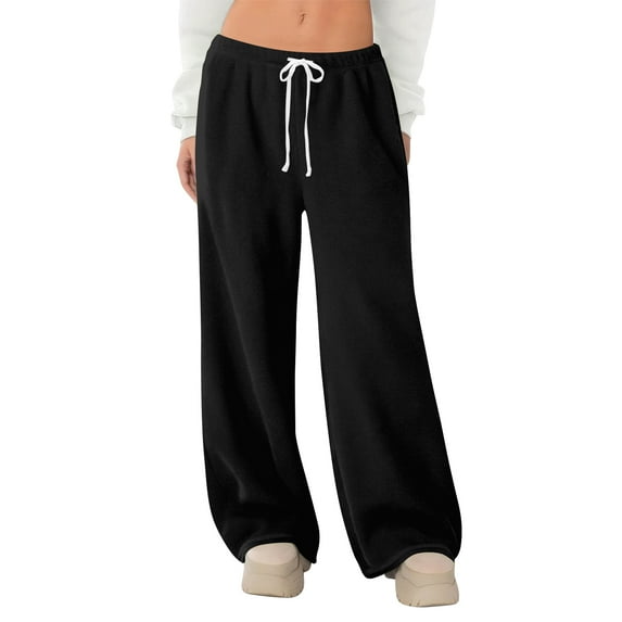 Women's Sweatpants Wide Leg Sweat Pants Fall Winter Clothes 2026 Baggy Drawstring Joggers with Pockets Black S
