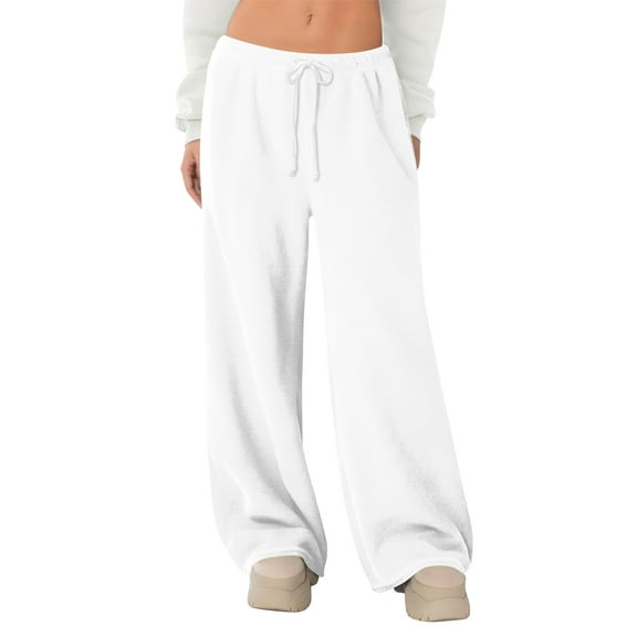 Women's Sweatpants Wide Leg Sweat Pants Fall Winter Clothes 2026 Baggy Drawstring Joggers with Pockets White S