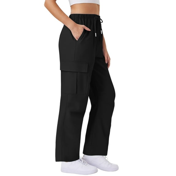 Women's Sweatpants Wide-leg Pants Solid Color Elastic High Waist Drawstring Quickdrying Trousers Multi-pocket Casual Sports Pants Athletic Pants for Workout, Jogging, Running Black S