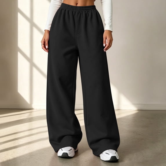 Women's Sweatpants with Pockets Elastic Waist Wide Leg Lounge Pants Black Loose Joggers Open Bottom Size L
