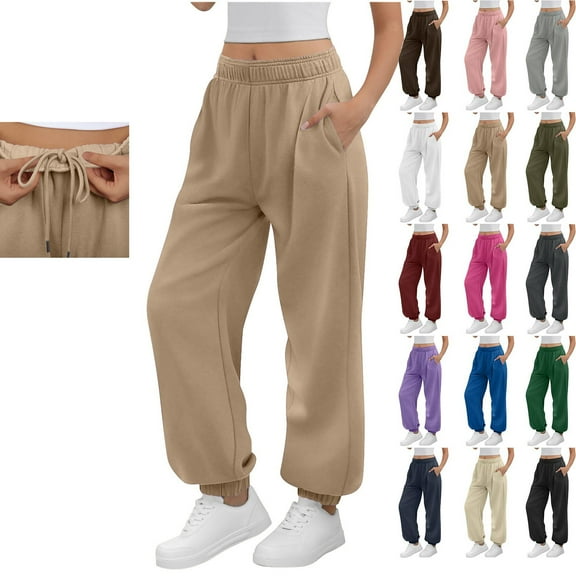 Women's Sweatpants with Pockets Outdoor Running Jogger Pants Elastic Waist Drawstring Workout Casual Sweatpants Open Bottom Khaki,L