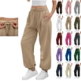 thumbnail image 1 of Women's Sweatpants with Pockets Outdoor Running Jogger Pants Fashion Casual Solid Elastic Waist Trousers Long Straight Pants Khaki,XXL, 1 of 9
