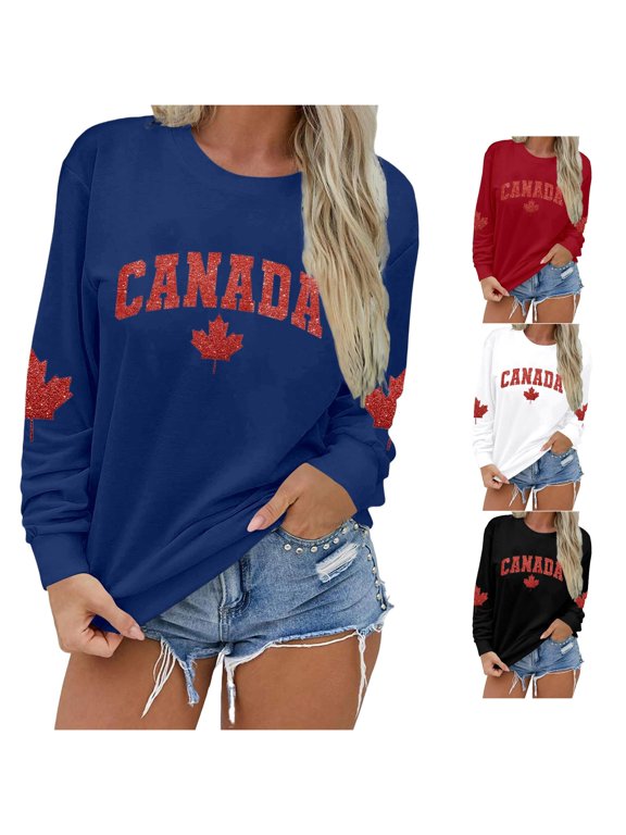 Women's Sweatshirt Canada Maple Leaf Glitter Graphic Print Crew Neck Pullover Long Sleeve Casual Holiday Top
