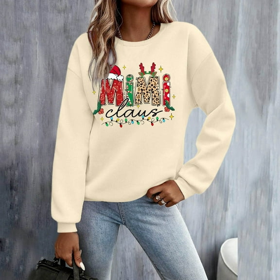 Women's Sweatshirt Casual Christmas MAMA Letter Printed Top Crew Neck Long Sleeve Made of Polyester and Spandex with Cute and Loose Feature