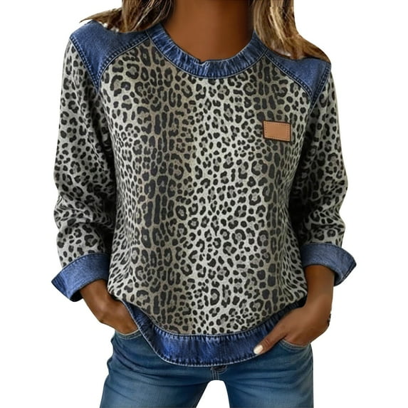 Women's Sweatshirt Casual Leopard Print Spliced Denim Round Neck Loose Pullover Oversized Sweatshirt for Women