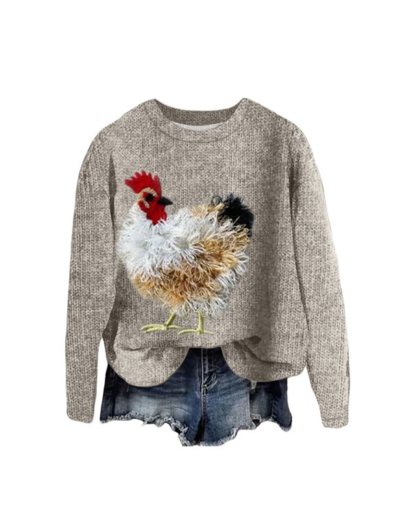 Women's Sweatshirt Chicken Flocking Graphic Crew Neck Long Sleeve Pullover Cottagecore Casual Top