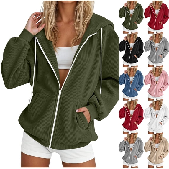 Women's Sweatshirt Corduroy Zip Up hoodie Oversized Drawstring Long Sleeve Sweatshirt Coat Casual Hooded Outerwear Top with Side Pockets for Spring Winter