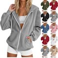 thumbnail image 1 of Women's Sweatshirt Corduroy Zip Up hoodie Oversized Drawstring Long Sleeve Sweatshirt Coat Casual Hooded Outerwear Top with Side Pockets for Spring Winter, 1 of 5