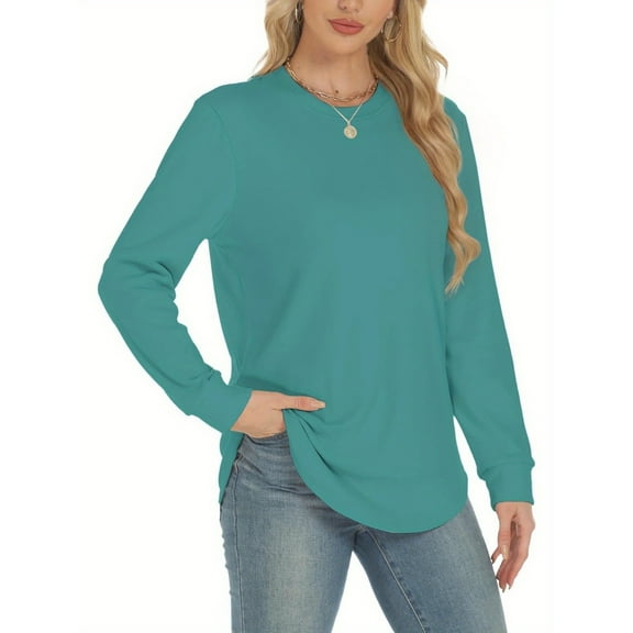 Women's Sweatshirt, Crew Neck Pullover, Casual Loose-Fit Long Sleeve Top with Curved Hem, Fall/Winter Apparel, Ideal for Layering or Wearing Alone