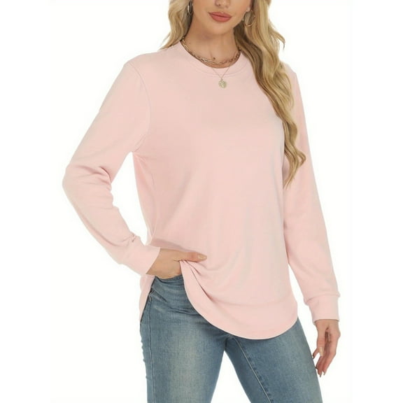 Women's Sweatshirt, Crew Neck Pullover, Casual Loose-Fit Long Sleeve Top with Curved Hem, Fall/Winter Apparel, Ideal for Layering or Wearing Alone