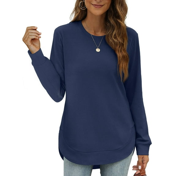 Women's Sweatshirt Crewneck Curved Hem,Long Sleeve Shirt Womens Loose Top Women Pullover Dark Blue 2XL