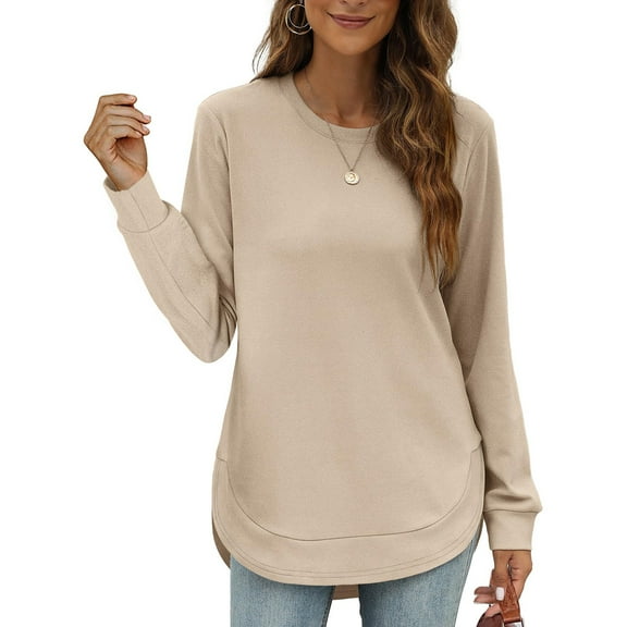 Women's Sweatshirt Crewneck Curved Hem,Long Sleeve Shirt Womens Loose Top Women Pullover Khaki S