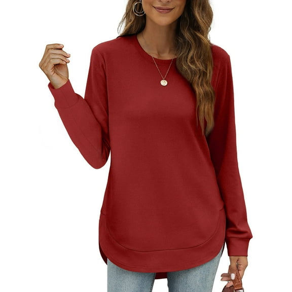 Women's Sweatshirt Crewneck Curved Hem,Long Sleeve Shirt Womens Loose Top Women Pullover Red S