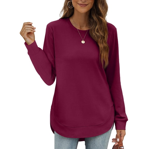 Women's Sweatshirt Crewneck Curved Hem,Long Sleeve Shirt Womens Loose Top Women Pullover Wine 2XL