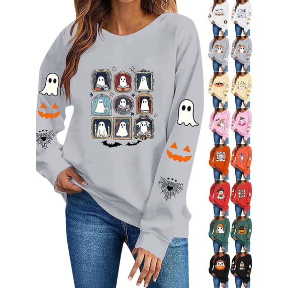 Women's Sweatshirt Dqueduo Women's Halloween Fashion Loose Casual Long Sleeve Hoodless Top Gray S