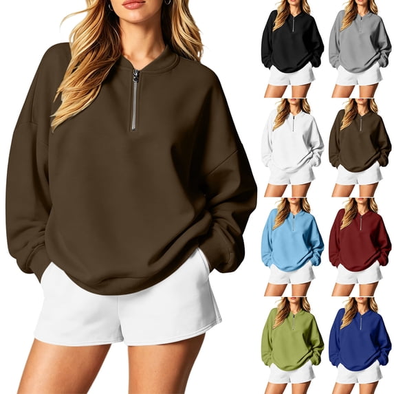Women's Sweatshirt Dqueduo Women's Long-Sleeve Solid Color Casual Loungewear Top – Drop Shoulders & Half-Zip Collar Brown L