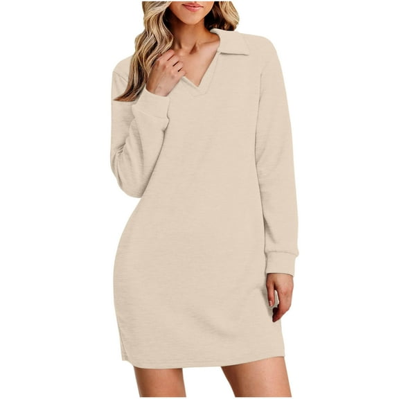 Women's Sweatshirt Dress Casual V Neck Long Sleeve Solid Color Sweatshirt Loose Comfy Trendy A-Line Dresses