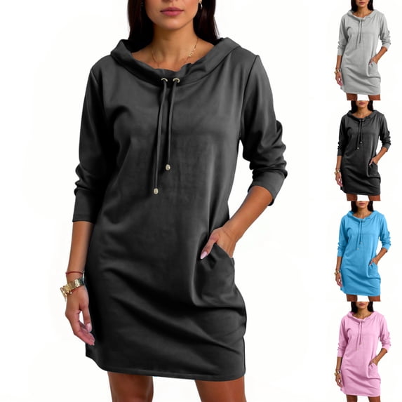 Women's Sweatshirt Dress Hoodie Dress Three Quarter Sleeve Stand Collar Drawstring Waist Casual Dress for Spring Fall Party Daily,Blue,S