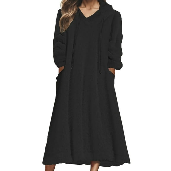 Women's Sweatshirt Dress Winter Midi with Hood and Pockets for Casual Wear Women Fall Fashion