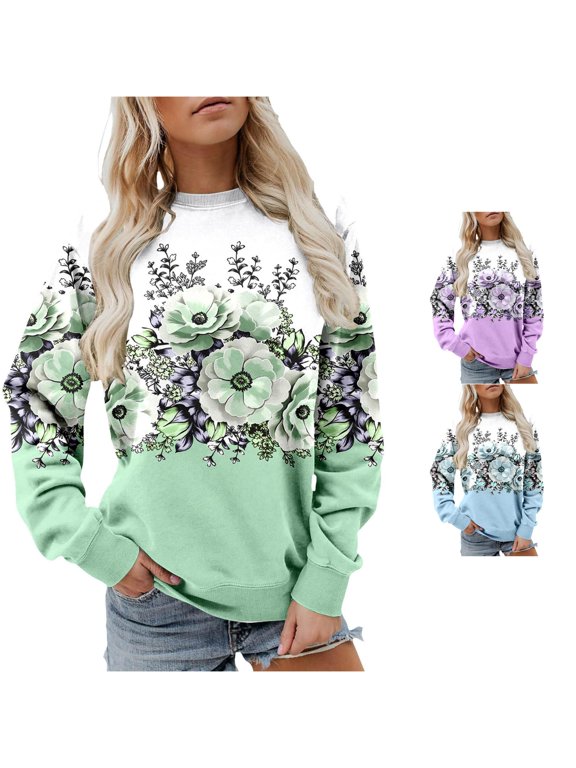 Women's Sweatshirt Floral Color Block Print Crew Neck Long Sleeve Pullover Sweatshirt Boho Cottagecore Casual Top