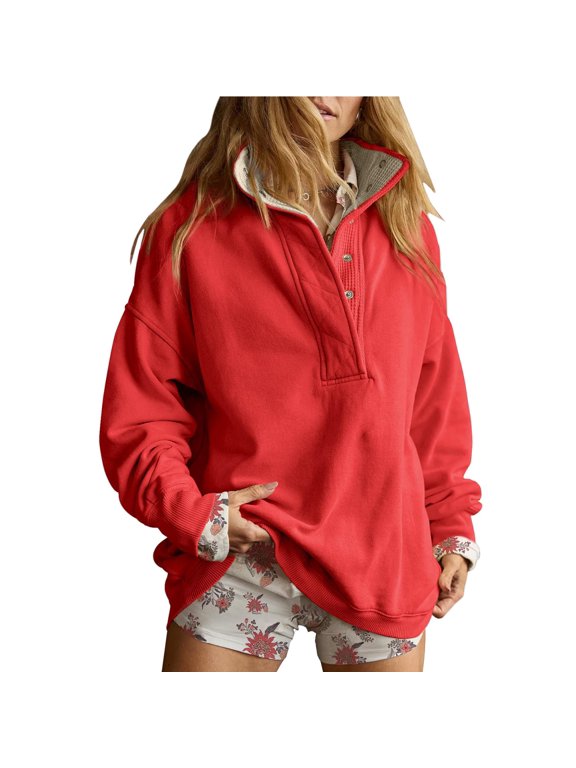 Women's Sweatshirt Half Button Long Sleeve Pullover Fall Windproof Stand Collar Loose Daily Tops Red L