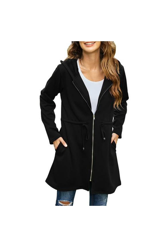 Women's Sweatshirt Jacket Solid Color Hooded Sweatshirt No Down Women's Zipper Cardigan Jacket Long Fuzzy Fleece Jacket Coat Open Front Cardigan