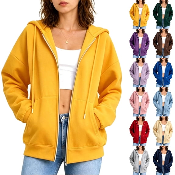 Women's Sweatshirt Jackets Zip up Hooded Long Sleeve Oversized Hoodie Coat Casual Loose Fashion Outwear With Pockets (XL, Yellow)