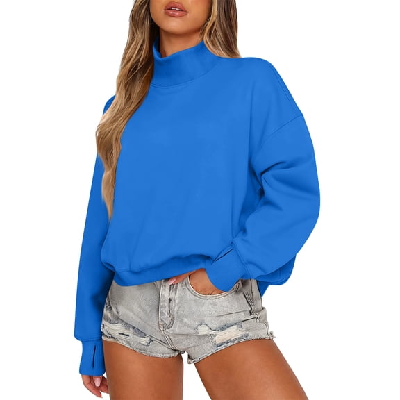 Women's Sweatshirt Long Sleeve Casual Comfort Loose Lightweight High Neck with Pocket Solid Color Fashion Top for Women Daily Wear,Blue,S