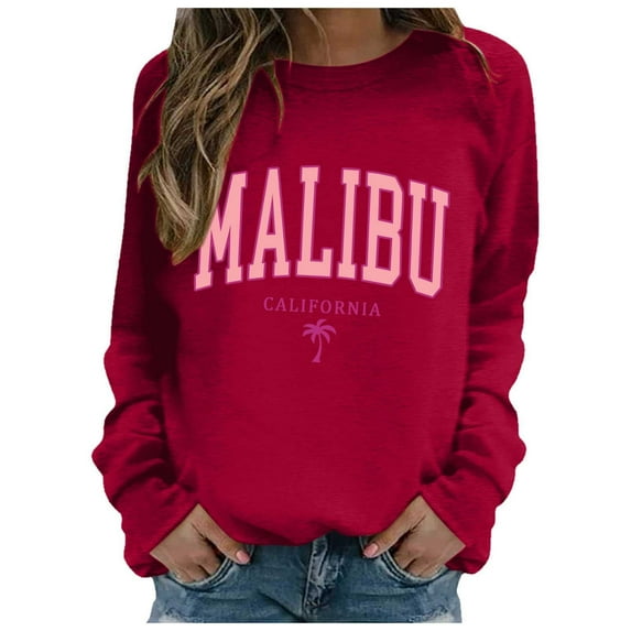 Women's Sweatshirt Malibu Letter Print Fall Crewneck Sweatshirt Relaxed Fit Basic Top Essential Casual Outfit Hoodie Women Red XXL