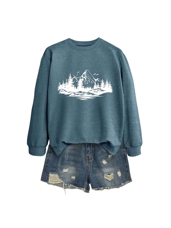 Women's Sweatshirt Mountain Forest Landscape Graphic Crew Neck Long Sleeve Pullover Cottagecore Streetwear Top