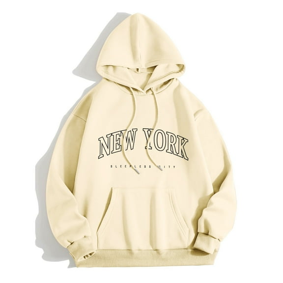 Women's Sweatshirt New York Crewneck Long Sleeve Hooded Pullover Tops (Beige L)