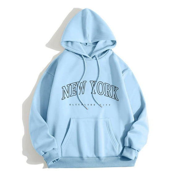 Women's Sweatshirt New York Crewneck Long Sleeve Hooded Pullover Tops (Light Blue M)