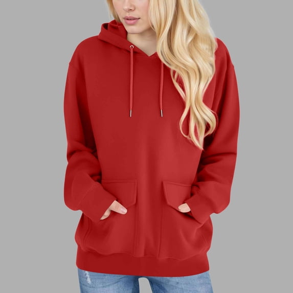 Women's Sweatshirt Plus Size, Women's Casual Loose Solid Color Double Pocket Long Sleeved Hooded Drawstring Long Sleeved Sweatshirt, Red L