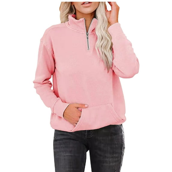 Women's Sweatshirt Quarter Zip Lightweight Pullover Sweatshirts Solid Color Long Sleeve Casual Tops