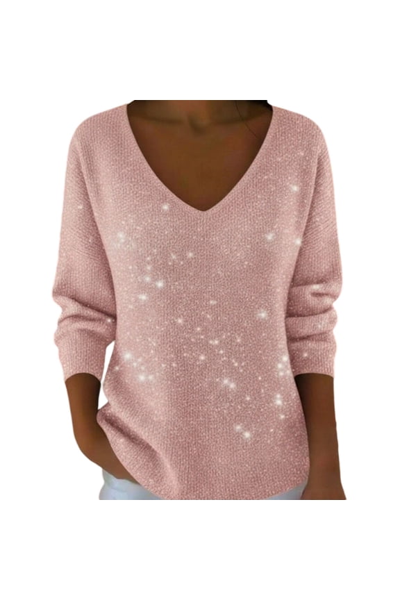 Women's Sweatshirt Sequin Print Long Sleeve V Neck Drop Shoulder Pullover Shirts Pink