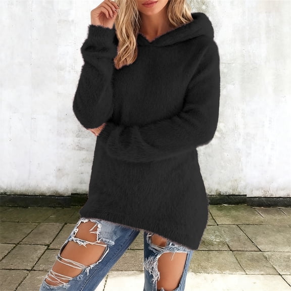 Women's Sweatshirt Sherpa Fleece Hoodie Oversized Pullover Fuzzy Tops Black XL
